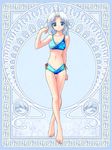  arm_up barefoot bikini blue_bikini blue_eyes crossed_legs full_body hitoboshi_fumika looking_at_viewer navel short_hair silver_hair silver_rain smile solo standing swimsuit thigh_gap tokimaru_yoshihisa watson_cross 