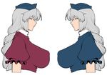  breasts clone dual_persona grey_hair hat huge_breasts jitome long_hair looking_at_viewer multiple_girls nurse_cap perky_breasts puffy_short_sleeves puffy_sleeves serious short_sleeves space_jin touhou upper_body yagokoro_eirin 