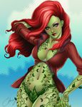 1girl batman:_arkham batman_(series) breasts cleavage dc_comics female green_skin highres looking_at_viewer open_clothes open_shirt poison_ivy red_hair shaiyan shirt solo 