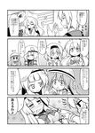  4koma 5girls :&lt; =_= ahoge alice_margatroid alternate_costume blush bow braid breast_envy breasts casual clapping clenched_hands comic contemporary crescent embarrassed flower futa_(nabezoko) greyscale hair_bow hair_ribbon hand_up hands_clasped hat helm helmet highres kirisame_marisa kochiya_sanae large_breasts long_hair monochrome morichika_rinnosuke multiple_girls o3o open_mouth own_hands_together patchouli_knowledge pointing power_lines ribbon school_uniform serafuku short_hair sigh single_braid smile snort squiggle sweat sweatdrop telephone_pole touhou translated tress_ribbon visible_air 