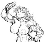  abs breasts cuffs greyscale grin hand_on_hip hoshiguma_yuugi large_breasts long_hair monochrome muscle muscular_female nude pasties pointy_ears shackles sharp_teeth sketch smile solo space_jin star_pasties teeth touhou 