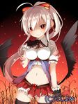  black_legwear blush bow breasts character_request hair_bow long_hair looking_at_viewer md5_mismatch medium_breasts muku_(muku-coffee) navel red_eyes smile solo thighhighs torn_clothes valhalla_valkyries wings 