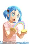  blue_eyes blue_hair hair_cubes hair_ornament naganohara_mio nichijou nishimura_(prism_engine) open_mouth rainbow shirt short_hair solo square_pupils surprised twintails water wet wet_clothes wet_shirt 