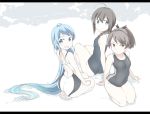  3girls ahoge ass bangs barefoot black_hair black_swimsuit blue_eyes blue_hair braid brown_hair commentary_request competition_school_swimsuit competition_swimsuit gradient_hair hair_over_shoulder hair_ribbon kantai_collection long_hair multicolored_hair multiple_girls negative_space one-piece_swimsuit open_mouth ponytail ribbon samidare_(kantai_collection) seiza shigure_(kantai_collection) shikinami_(kantai_collection) short_hair single_braid sitting souji swept_bangs swimsuit very_long_hair white_background white_swimsuit yellow_eyes 