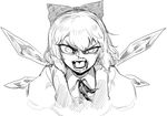  angry cirno fang greyscale ice ice_wings monochrome open_mouth short_hair solo space_jin touhou upper_body wings 
