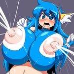  arms_up blue_eyes blue_hair blush breast_milk breasts embarrassed erect_nipples female full-face_blush gigantic_breasts gloves hair_ornament hips imdrif lactation long_hair midriff milk milking navel nippleless_clothes nipples open_mouth original puffy_nipples regls shiny tecna 