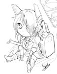  boots bowalia cannon chibi eyepatch greyscale headgear kantai_collection minigirl monochrome short_hair signature sitting solo tenryuu_(kantai_collection) 