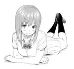  bad_id bad_pixiv_id greyscale kamiyama_aya looking_at_viewer lying monochrome on_stomach simple_background skirt smile solo white_background 