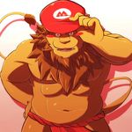  anthro bear_mandarin blush brown_fur brown_hair brown_nose chubby fangs feline fundoshi fur hair hand_on_hip hat kemono lion looking_at_viewer male mammal mario_bros musclegut muscles navel nintendo open_mouth pecs shadow solo standing tongue underwear video_games 