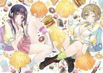  ;) absurdres backpack bag blue_hair bottle breasts brown_hair bubble_blowing candy chewing_gum cleavage coca-cola cupcake doughnut eyewear_on_head food food_themed_background front-tie_top green_eyes hamburger highres kinoshita_ringo_(no-rin) kippu large_breasts lollipop long_hair midriff milk_bottle multiple_girls nakazawa_minori navel no-rin no_bra official_art one_eye_closed peanut_butter plaid plaid_skirt pocky pom_poms purple_eyes sandwich shirt short_hair single_thighhigh skirt smile spam sunglasses thighhighs tied_shirt yellow_legwear 