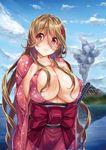  3: areolae blush bow breasts brown_eyes brown_hair cleavage cloud covered_nipples day floral_print flower hair_between_eyes hair_flower hair_ornament hisasi huge_breasts japanese_clothes long_hair nervous no_bra obi ocean open_clothes original outdoors sash smoke solo sweat sword sword_hilt very_long_hair volcano water weapon 