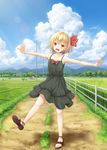  alternate_costume armpits bare_arms bare_shoulders black_dress blonde_hair blue_sky cloud collarbone day dress fence full_body hair_ribbon landscape mountain open_mouth ouka_(ra-raradan) outstretched_arms path power_lines red_eyes ribbon rice_paddy road rumia sandals sky smile solo sundress touhou 