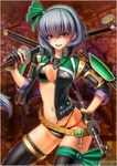 alternate_costume armor bad_id bad_pixiv_id breasts cleavage contrapposto earrings english fangs green_hairband hair_ribbon hairband hand_on_hip highres jacket jewelry katana konpaku_youmu maco_(macoillust) medium_breasts navel_piercing open_mouth piercing revision ribbon short_hair solo standing sword touhou weapon 