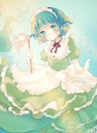  :o alternate_costume aqua_eyes blue_eyes blue_hair blush bubble commentary_request curly_hair dress enmaided frilled_dress frills head_fins karunabaru looking_at_viewer maid maid_headdress mermaid monster_girl puffy_sleeves pun short_hair short_sleeves solo touhou underwater wakasagihime 
