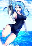  abs bare_shoulders blue_eyes blue_hair breasts cameltoe covered_nipples gloves handcannon hat kantai_collection large_breasts long_hair muscle one-piece_swimsuit open_mouth school_swimsuit smile solo swimsuit tenken_(gotannda) urakaze_(kantai_collection) white_gloves white_hat 