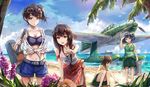  adapted_costume aircraft airplane akagi_(kantai_collection) alternate_costume beach blue_eyes blue_hair brown_eyes brown_hair casual eyewear_on_head hiryuu_(kantai_collection) kaga_(kantai_collection) kantai_collection long_hair m6a_seiran multiple_girls pointing seaplane shirt short_twintails shorts side_ponytail skirt souryuu_(kantai_collection) spark_(sandro) sunglasses swimsuit tied_shirt twintails 