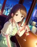  alternate_costume artist_request bracelet brown_eyes brown_hair building cup drink earrings idolmaster idolmaster_cinderella_girls jewelry long_hair mifune_miyu nail_polish necklace official_art pearl_bracelet pearl_earrings pearl_necklace solo 