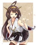  ;d ahoge asacrebleu brown_hair collarbone contrapposto detached_sleeves fingernails hairband hand_on_own_chest headgear japanese_clothes jewelry kantai_collection kongou_(kantai_collection) long_hair looking_at_viewer nontraditional_miko one_eye_closed open_mouth ribbon-trimmed_sleeves ribbon_trim ring skirt smile solo standing thighhighs very_long_hair wedding_band wide_sleeves 