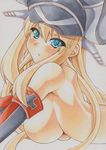  bismarck_(kantai_collection) blonde_hair blue_eyes blush breasts hat kantai_collection large_breasts long_hair looking_at_viewer marker_(medium) millipen_(medium) nude simple_background slit_pupils solo traditional_media white_background yutakasan-love 