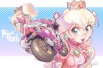  1girl artist_request blonde_hair blue_eyes body_suit bodysuit breasts character_name crown dual_persona earrings elbow_gloves gloves jewelry kiichi lipstick lots_of_jewelry makeup mario mario_(series) mario_kart motor_vehicle motorcycle necklace nintendo ponytail princess_peach signature solo super_mario_bros. vehicle white_gloves 