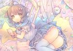  :/ ahoge alarm_clock animal_ears bad_id bad_pixiv_id bed bow brown_hair cat_ears choker clock dutch_angle frills hair_bow hair_ornament lying mobile original pillow pjrmhm_coa short_hair solo star stuffed_toy thighhighs triangle_mouth |_| 