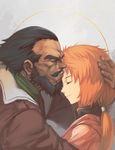  1girl beard black_hair charimei closed_eyes dark_skin facial_hair forehead_kiss gundam gundam_unicorn hug jacket kiss long_hair marida_cruz mustache orange_hair ponytail smile suberoa_zinnerman 