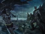  2boys animal_ears batman batman_(series) belt bruce_wayne cape city dc_comics dick_grayson eiffel_tower father father_and_son gargoyle gauntlets gloves male male_focus mask multiple_boys paris son stanley_lau 