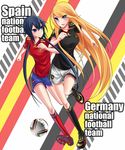  2girls adidas artist_request ball black_hair blonde_hair blue_eyes breasts character_request english flag_background german_flag germany height_difference highres jabulani long_hair medium_breasts multiple_girls original purple_eyes running smile soccer soccer_ball soccer_uniform spain spanish_flag sportswear twintails very_long_hair world_cup 