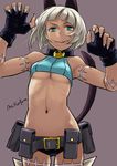  animal_ears bare_shoulders black_gloves breasts cat_ears cat_tail character_name collar crop_top dark_skin fingerless_gloves fingernails gloves green_eyes grey_hair medium_breasts ms._fortune_(skullgirls) navel robo8 scar sharp_fingernails short_hair short_shorts shorts simple_background skullgirls smirk solo tail underboob 