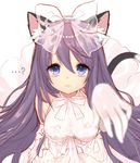  1girl ? animal_ears arm_up bad_id bad_pixiv_id bare_shoulders blue_eyes blurry bow breasts byulzzimon cat_ears cat_tail cleavage depth_of_field dress elbow_gloves foreshortening gloves hair_bow lace long_hair looking_at_viewer medium_breasts purple_hair revision see-through simple_background solo tail tareme unleashed very_long_hair wedding_dress white_background 