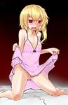 alternate_costume bar_censor bed_sheet blonde_hair blush breasts camisole censored chemise collarbone covered_nipples drooling egg_vibrator flandre_scarlet harry_(namayake) highres kneeling lifting nipples no_panties nose_blush pointy_ears pussy_juice pussy_juice_trail red_eyes see-through short_hair small_breasts solo spread_legs touhou vibrator 