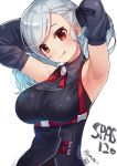 1girl :q absurdres armpits arms_behind_back arms_up bangs bare_shoulders belt black_shirt blush braid breasts character_name closed_mouth collared_shirt commentary_request detached_sleeves eyebrows_visible_through_hair french_braid girls_frontline head_tilt highres large_breasts long_hair long_sleeves looking_at_viewer neck_ribbon red_eyes red_neckwear ribbon shirt sidelocks silver_hair simple_background solo spas-12_(girls_frontline) swept_bangs tongue tongue_out twintails twitter_username upper_body white_background wide_sleeves yamacchi 