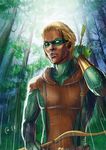  1boy archer arrow blonde_hair bow_(weapon) cape connor_hawke dark_skin dc_comics domino_mask forest gloves green_arrow_(series) male male_focus marksman mask nature outdoors quiver rain solo tree vambraces weapon wet 