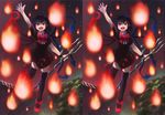  arm_up asymmetrical_wings black_hair black_legwear bow dress fang fire houjuu_nue ichiba_youichi mary_janes open_mouth polearm red_eyes shoes short_hair smile snake solo stereogram thighhighs touhou weapon wings 