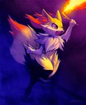  ambiguous_gender anthro barefoot braixen canine claws falvie fennec fire fist fox fur grasp happy holding mammal nintendo nude open_mouth pok&#233;mon pok&eacute;mon raised_arm raised_leg sharp_teeth smile solo teeth toe_claws tongue video_games 