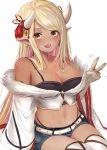  1girl :d armpit_crease bangs bare_shoulders belt black_panties black_shirt blonde_hair blue_shorts blush breasts brown_eyes camisole cleavage collarbone cowboy_shot crop_top dark_skin earrings eyebrows_visible_through_hair fangs fur_trim granblue_fantasy hand_up highleg highleg_panties highres horns jewelry kuvira_(granblue_fantasy) large_breasts long_hair long_sleeves looking_at_viewer midriff motion_lines navel off_shoulder open_mouth panties pointy_ears ria_(riarea00) shirt short_shorts shorts sidelocks simple_background sitting smile solo stomach swept_bangs tassel thighhighs underwear v white_background white_legwear wide_sleeves 