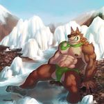  abs anthro bamwuff biceps big_muscles bulge canine clothed clothing eyes_closed male mammal mixvariety muscles necktie nipples outside pecs river seated skimpy sky solo topless water wolf 