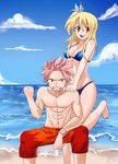  1girl bikini blonde_hair brown_eyes fairy_tail fmg highres long_hair lucy_heartfilia male_swimwear natsu_dragneel one_side_up pink_hair red_eyes spiked_hair swim_trunks swimsuit swimwear 