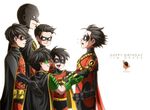  1boy batman_(series) bird birthday black_hair cape character_name dc_comics domino_mask gauntlets gloves male male_focus mask multiple_persona red_robin robin robin_(dc) silverly smile standing tim_drake 