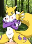 1girl blue_eyes breast_squeeze breast_suppress breasts claws crossed_arms cum cum_in_pussy digimon elbow_gloves facial_mark forest furry girl_on_top gloves large_breasts monster nature navel nipples nude outdoors palcomix photo_background poorly_drawn renamon sex smile straddling tail uncensored vaginal 