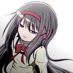  akemi_homura black_hair bow from_above gradient gradient_background grin hair_ribbon jewelry long_hair mahou_shoujo_madoka_magica mahou_shoujo_madoka_magica_movie purple_eyes ribbon school_uniform simple_background single_earring smile solo taka_(takalight) white_background 