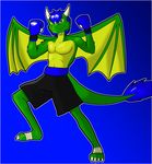  anthro biceps blue_eyes blue_hair boxing boxing_gloves clothing dragon flexing freakyy-dragon genshitatsunora hair horn lorenz male muscles pants solo standing topless wings 