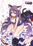  animal_ears blue_eyes byulzzimon cat_ears choker clothes_removed flower hat hat_removed headwear_removed looking_at_viewer mouth_hold original paw_print purple_hair ribbon rose school_swimsuit school_uniform scissors sitting swimsuit tail thighhighs torn_clothes torn_swimsuit wariza witch_hat 
