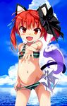  alternate_costume alternate_hairstyle animal_ears bikini blush_stickers bow cat_ears cat_tail cloud day fang hair_bow hair_ornament hair_ribbon horizon kaenbyou_rin navel ocean open_mouth paws reaching reaching_out red_eyes red_hair ribbon sala_mander sky smile solo swimsuit tail tan tanline touhou younger 
