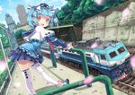  :d absurdres aqua_hair building bush china_railway_girl commentary_request day dutch_angle ground_vehicle hair_ornament hair_ribbon hat highres locomotive long_sleeves looking_at_viewer necktie north_abyssor open_mouth original personification petals railroad_tracks ribbon sky skyscraper smile solo standing standing_on_object thighhighs train tunnel twintails white_legwear yellow_eyes 