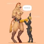  anthro breasts dildo duo english_text equine erection female fuzzies4you horse humanoid_penis lagomorph larger_female male mammal muscular muscular_female nipples nude penis rabbit sex_toy size_difference smile standing strapon text 