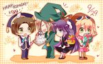  2girls amitie_(puyopuyo) birthday_cake blue_eyes brown_hair cake chibi closed_eyes dated feli_(puyopuyo) flower food gift glasses gloves gothic_lolita green_eyes hair_ornament hair_ribbon hairband happy_birthday hat highres klug_(puyopuyo) lemres_(puyopuyo) lolita_fashion long_hair multiple_boys multiple_girls purple_hair puyopuyo puyopuyo_fever puyopuyo_fever_2 ribbon sofako_(miuccha) 