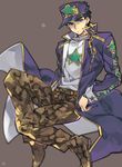  black_hair hat jojo_no_kimyou_na_bouken kuujou_joutarou long_coat male_focus snakeskin_print solo star toujou_sakana 