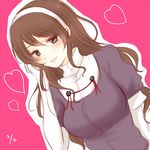  ashigara_(kantai_collection) bad_id bad_pixiv_id brown_eyes brown_hair gloves hairband heart kantai_collection long_hair smile solo sui_(camellia) upper_body white_gloves 