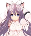 1girl ? animal_ears arm_up bad_id bad_pixiv_id bare_shoulders blue_eyes bow breasts byulzzimon cat_ears cat_tail cleavage dress elbow_gloves foreshortening gloves hair_bow lace long_hair looking_at_viewer medium_breasts purple_hair simple_background solo tail tareme transparent unleashed very_long_hair wedding_dress white_background 